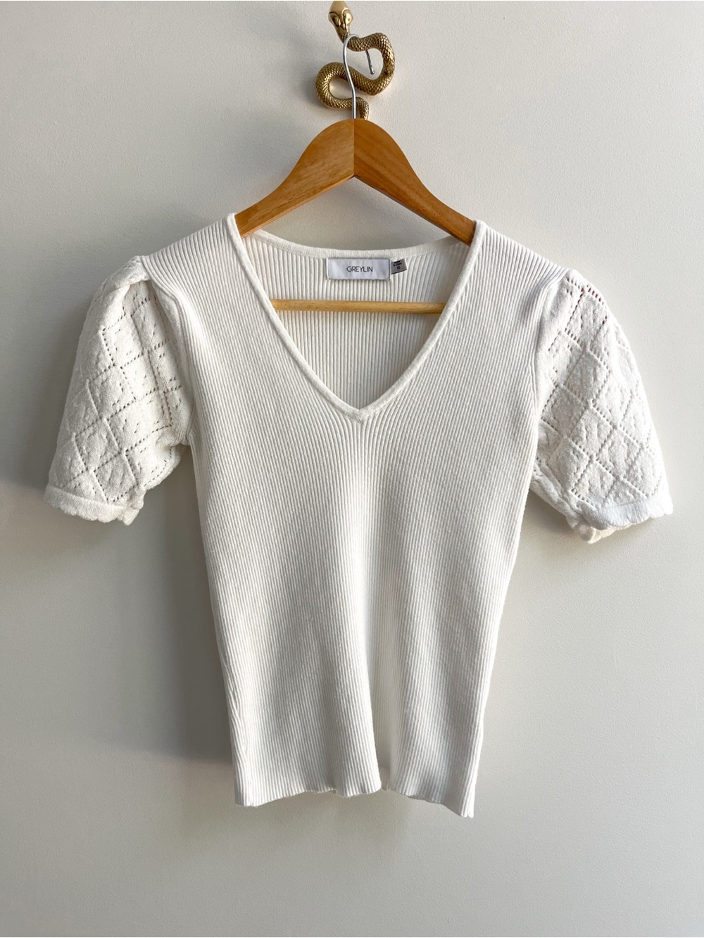 Greylin Off-White Ribbed Knit Pointelle Puff Short Sleeve Sweater Tee XS